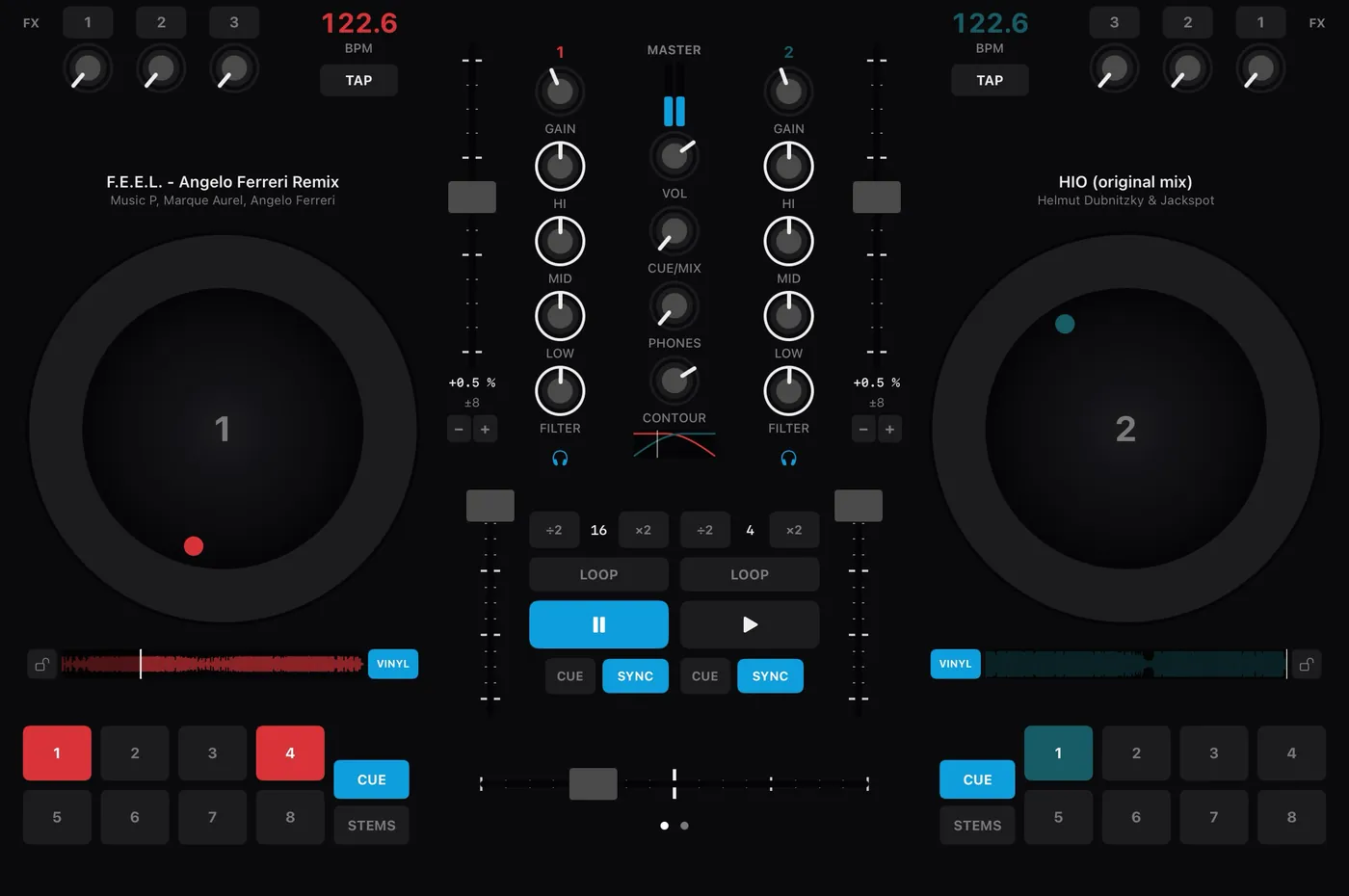 aDJusted Remote on the iPad: two jog wheels, a mixer with gain, EQ and filter, pitch faders, effects, BPM with TAP and hot cue pads