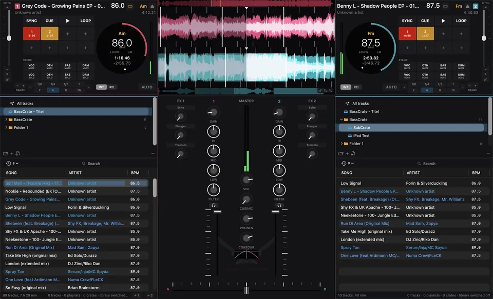 aDJusted with two decks, their waveforms, the mixer and the library